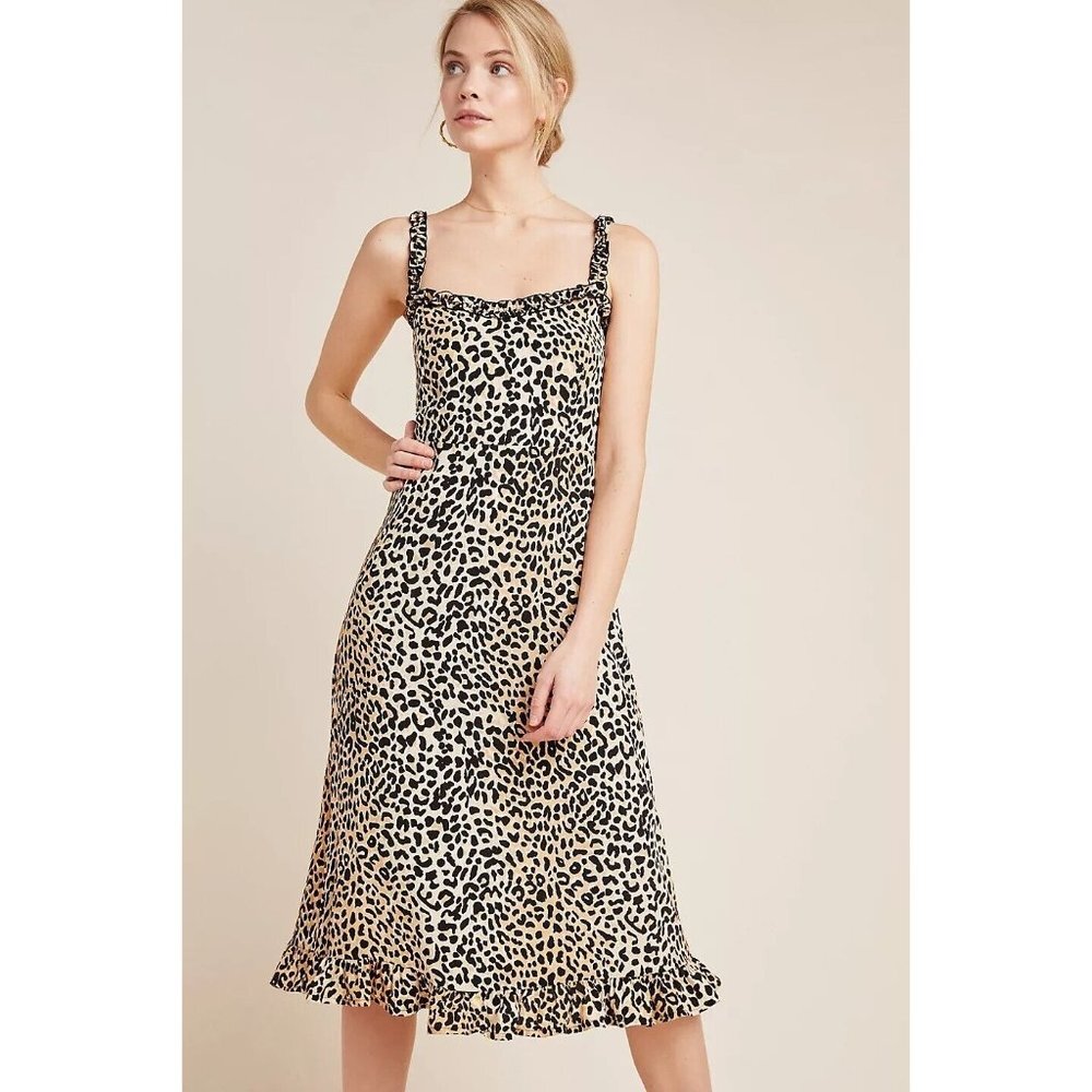 Faithfull the Brand Noemie Dress 8‎ Leopard Print Midi Length Slip Smocked Zip